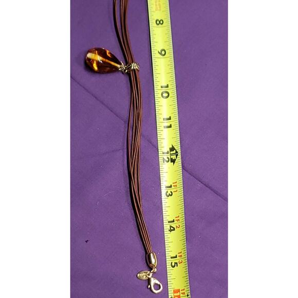 Lia Sophia Signed Gold Tone Brown Cord Amber Teardrop Glass Pendant Necklace - Picture 9 of 11